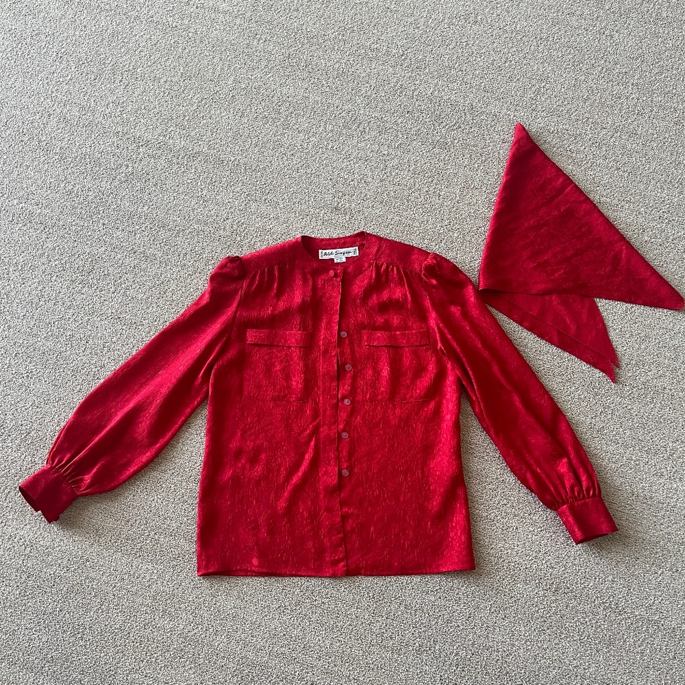 Gorgeous, vintage Adele Simpson red silk blouse with scarf.  Size 6